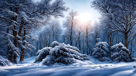 Beautiful winter landscape with snow covered trees in the forest at sunsetの素材