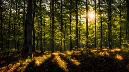 Sunlight in the green forest. Beautiful nature scene with sunbeamsの素材