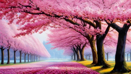 Cherry blossom trees in the park. Spring landscape. Digital painting.の素材