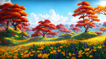 Beautiful spring landscape with meadow and flowers. 3d renderingの素材