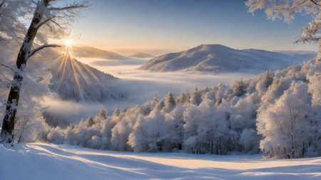 Winter landscape with snow covered trees in the mountains at sunrise. Carpathians, Ukraineの素材