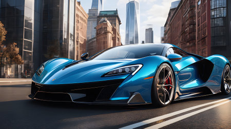 Blue sports car on the road in the city. 3d renderingの素材