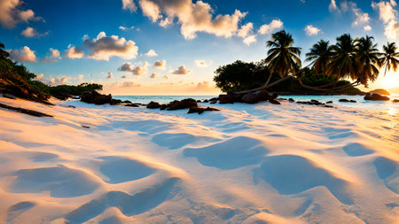 Tropical beach with palm trees at sunset, Seychellesの素材
