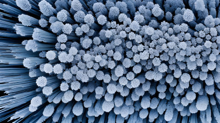 Close up of snowflakes on top of a broom in winterの素材