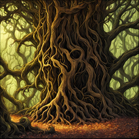 Fantasy forest with old trees and roots. Halloween background. Vector illustration.の素材