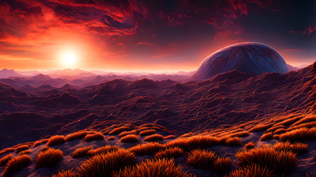 Fantasy alien planet. Mountain and sun. 3D illustration.の素材