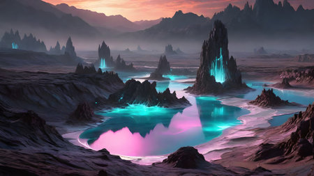 Fantasy alien planet. Mountain and lake. 3D illustration.の素材