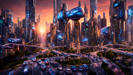 Futuristic city at night. Skyscrapers and high-rise buildings.の素材