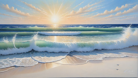 Beautiful sunset on the beach. Seascape with sea waves.の素材