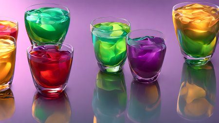 Colorful cocktails in a glass on a purple background with reflection.の素材