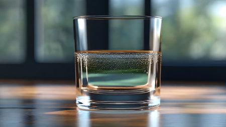 Glass of whiskey on wooden table, closeup. Space for textの素材