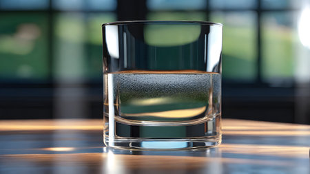 Glass of whiskey on table in bar, closeup. Space for textの素材