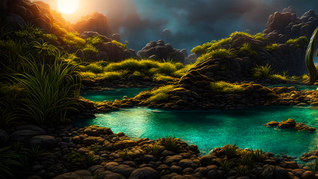 Fantasy alien planet. Mountain and river. 3D illustration.の素材