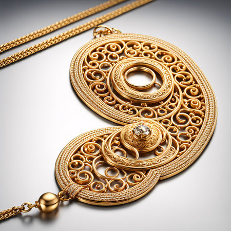 Golden chain and pendant on a gray background. 3d renderingの素材
