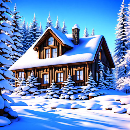 Winter cottage in the forest. 3D rendering. Christmas background.の素材