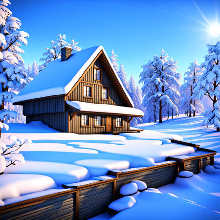 Winter landscape with a wooden house in the forest. 3d renderingの素材
