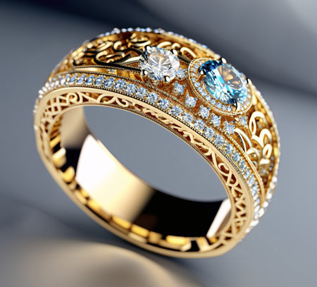 Wedding ring with diamond. Jewelry background. 3D renderingの素材