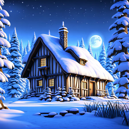Winter cottage in the forest at night with full moon. Vector illustration.の素材
