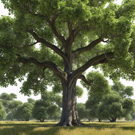 Old oak tree in the rice field. 3D rendered illustration.の素材