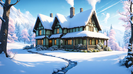3D rendering of beautiful cozy chalet in winter forest with snow. Ski resort in the mountains.の素材