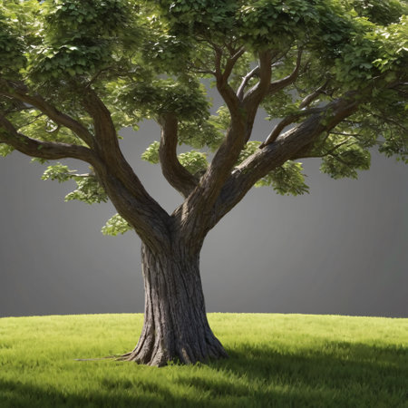 3d rendering of a big tree on a green meadow.の素材