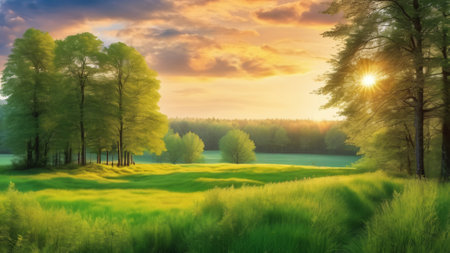 Sunset in the spring forest. Landscape with green meadow and trees.の素材