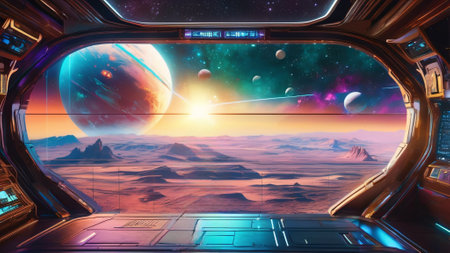 Spaceship interior with view on space and planets 3D renderingの素材