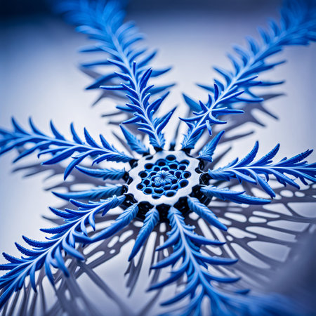 Blue snowflake on a white background. Shallow depth of field.の素材