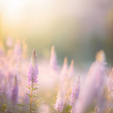 Blooming lupine flowers on a meadow in sunlight.の素材