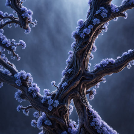 3d illustration of fantasy tree with blue frost and snowflakesの素材