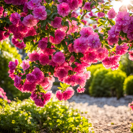 Beautiful pink flowers blooming in the garden in spring time.の素材
