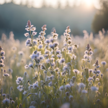 Sunset on a meadow with wildflowers, close-upの素材