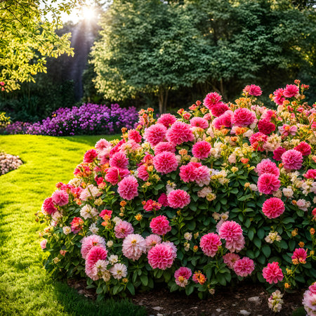 Beautiful summer garden with blooming roses and sunbeams.の素材