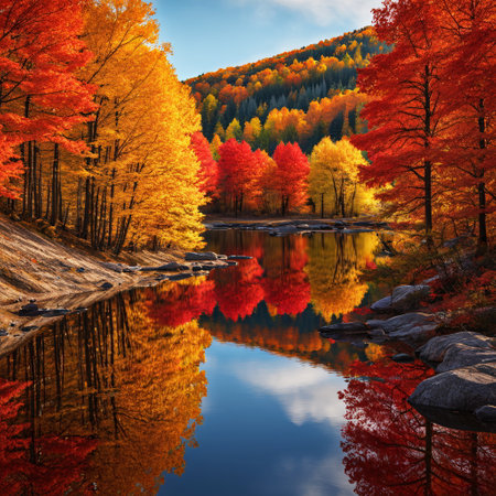 Colorful autumn landscape with lake and colorful forest. Mirror reflection in water.の素材