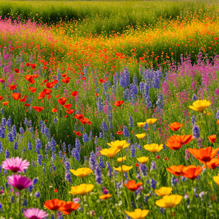Colorful meadow with poppies and lupine flowersの素材