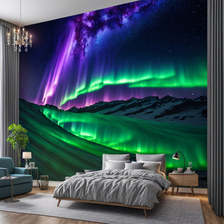 Aurora borealis in the bedroom interior. 3d illustrationの素材