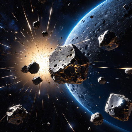 3D illustration of an asteroid approaching a planet in outer space.の素材