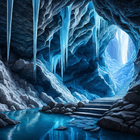 Fantasy cave with stairs and blue water. 3D illustration.の素材