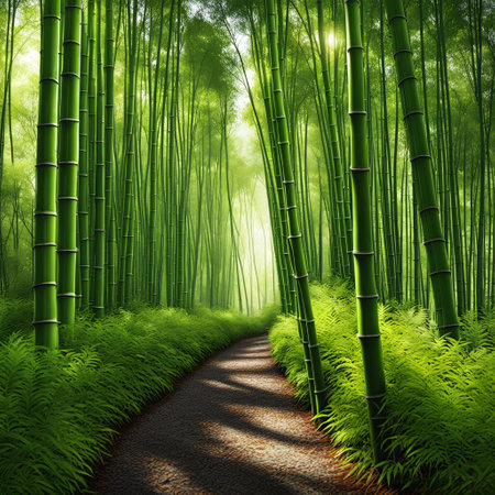 Green bamboo forest with path in the morning. 3D rendering.の素材