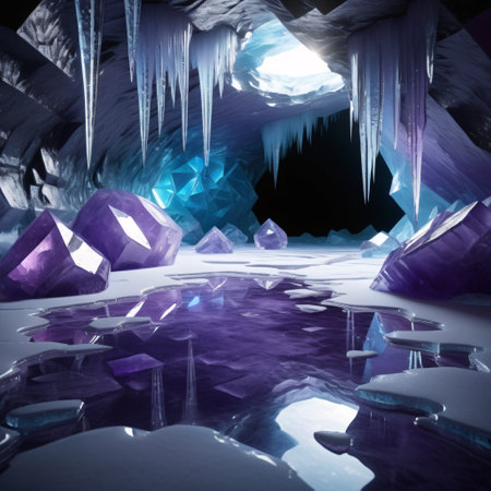 Ice cave with stalactites and stalagmites. 3D renderingの素材