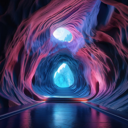 Futuristic tunnel with neon lights, 3d render illustration.の素材