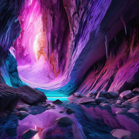 Fantastic colorful illuminated cave with crystal clear water. 3D renderingの素材