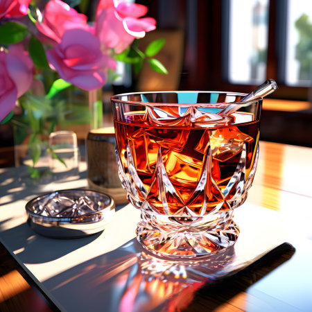 Whiskey with ice in a glass on a wooden table.の素材