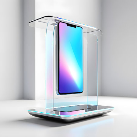 Smartphone on a stand in the room. 3D rendering.の素材