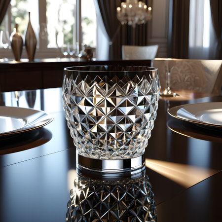 3d render of glass vase on the table in a restaurantの素材