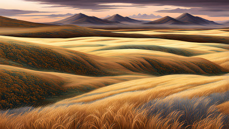 3D illustration of a desert landscape with grass and mountains at sunsetの素材
