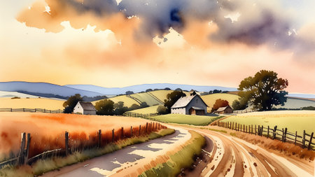 Beautiful landscape with a road in the countryside. Digital painting.の素材