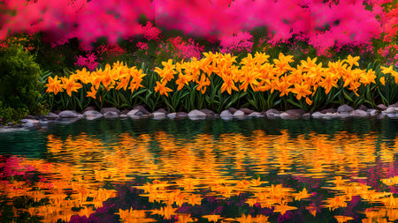 Colorful daffodils in the garden with water reflection.の素材