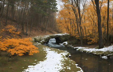 Autumn landscape with snow and frozen river, closeup of photoの素材