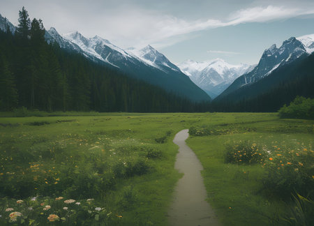 Beautiful mountain landscape with meadow and forest on the background.の素材